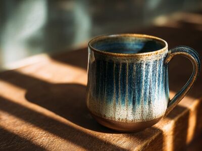 coffee, cup, ceramic, mug, sunlight, wood, table, texture, shadows, morning, cozy, calm, soft light, handmade, brown, coffee cup, blue, glaze, pottery, craft, detail