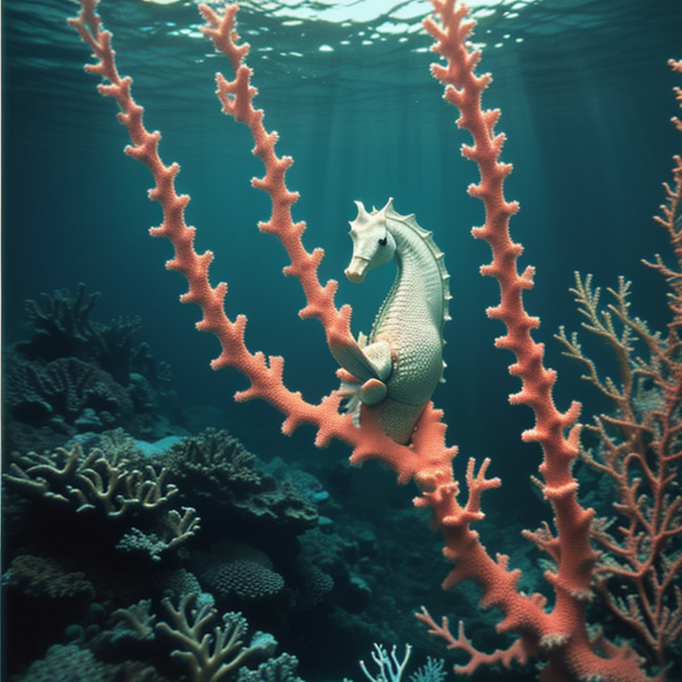 seahorse, underwater, ocean, sealife, gorgonian coral, camouflage, hidden, nature, coral reef, pink, marine animal, biodiversity, ecosystem, life, fauna, animal, underwater light, texture — Полароид