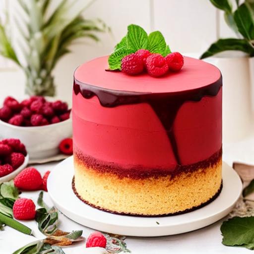 serving tray, raspberry cake, baking, cake, fruit decorations, strawberries, blackberries, blueberries, decorative cake, yellow glaze, red glaze, fresh fruit, mint leaves, dessert, pastry, sweet treat, chocolate base, cake design, sweets, delicious dessert — Винтаж