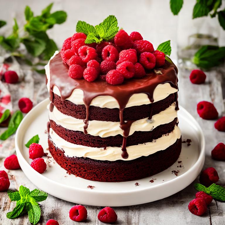 chocolate cake, raspberries, chocolate glaze, mint, birthday cake, baking, sweet, layer cake, decoration, chocolate pieces, fresh fruit, festive, dessert, refreshment, food, sweets, pudding tart, red sauce, delicious, chocolate dessert — Дуотон