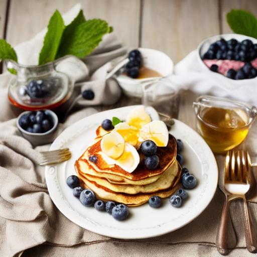 blueberry pancakes, dessert, breakfast, maple syrup, fresh blueberries, white plate, wooden table, flower pot, daisies, wooden background, tablecloth, honey cup, fork, fruit topped, sweet food, summer brunch, rustic style, teatime, fresh fruit, fragrant — Винтаж