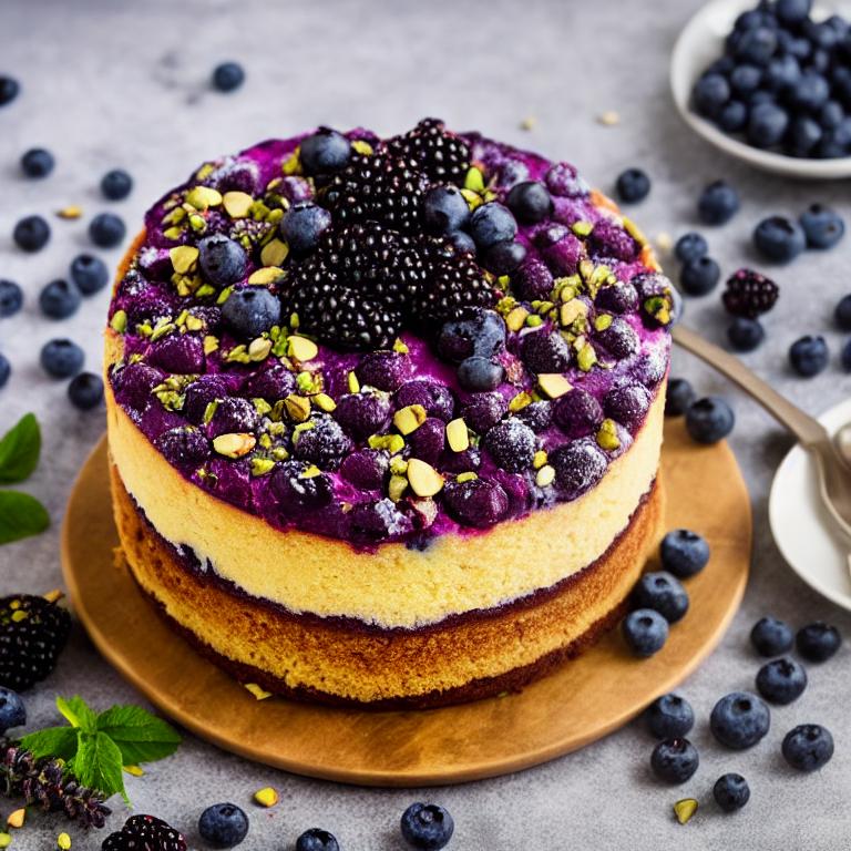 cake, blueberries, blackberries, pistachios, lavender, dessert, colorful, rustic, teapot, raspberries, fruit, gluten-free, vegetarian, homemade, pudding, recipe, healthy, rustic dining, baking — Дуотон