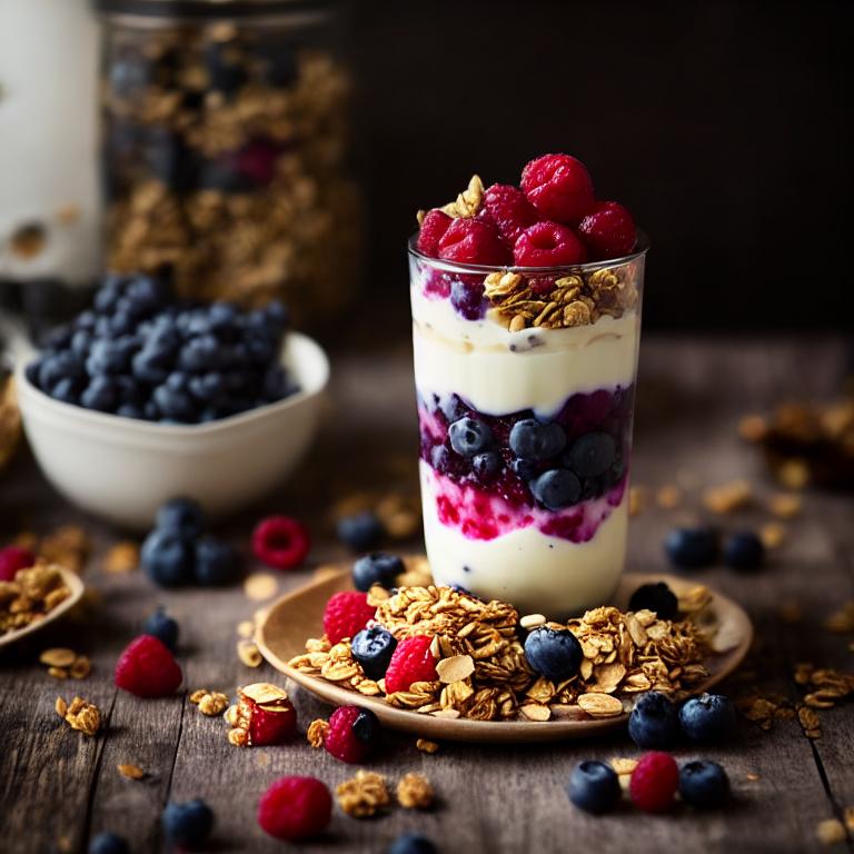 yogurt parfait, mixed berries, granola layers, blueberries, raspberries, mint leaf, honey drizzle, glass cup, rustic table, dark background, gourmet cooking, healthy snack, tasty dessert, organic ingredients, fruit topping, breakfast experience, presentation, clear glass — Демотиватор