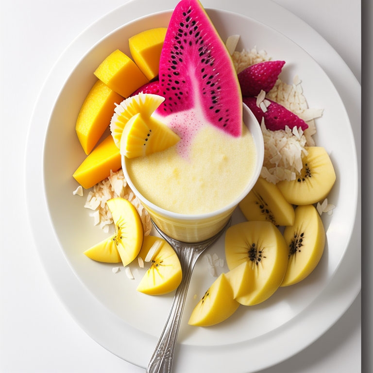 smoothie, mango, banana, dragon fruit, coconut flakes, breakfast, bowl, oatmeal, healthy eating, fresh fruit, vitamins, vegetarian, crunchy, lime, colors, yellow, red dragon fruit, cherimoya, vegan, snack, vitality — Дуотон