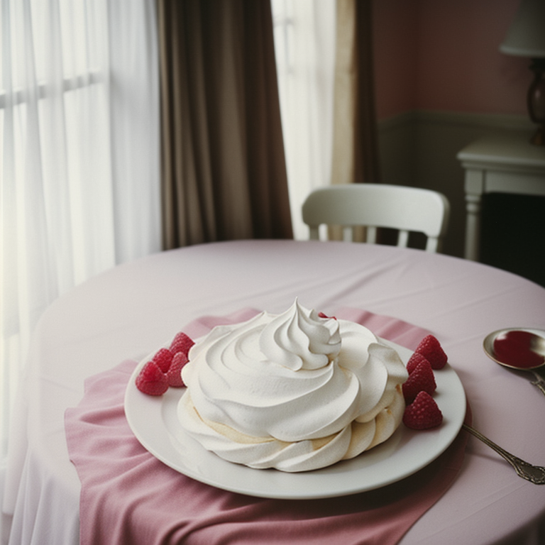 pavlova, meringue, whipped cream, raspberries, pastry chef, vanilla cream, piping bag, powdered sugar, rustic wooden table, dessert decoration, summer dessert, kitchen background, culinary art, crisp crust, marshmallow center, pastry tip, food styling, close-up baking, stand mixer, artisanal pastry — Полароид