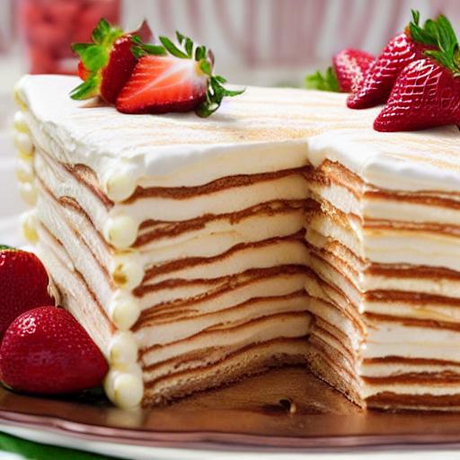 mille crepe cake, strawberry cake, layered cake, cake slice, fresh strawberries, dessert, pastry cream, sweet treat, mint leaves, elegant dessert, powdered sugar, cake server, wooden table, afternoon tea, baking art, cake presentation, delicate pastry, cake cross section, cake serving, kitchen — Винтаж