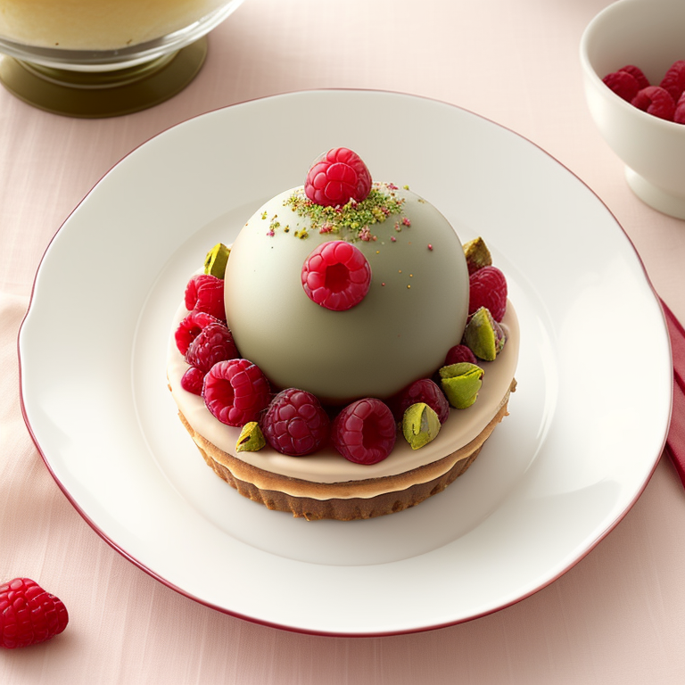dessert, chocolate sphere, raspberry, pistachio, raspberry puree, chocolate decoration, plate arrangement, gourmet, white plate, fine dining, gastronomy, modern cuisine, tableware, sweet, art on plate, luxury food, culinary art, perfect presentation, aesthetic photography, deconstructed dessert — Полароид