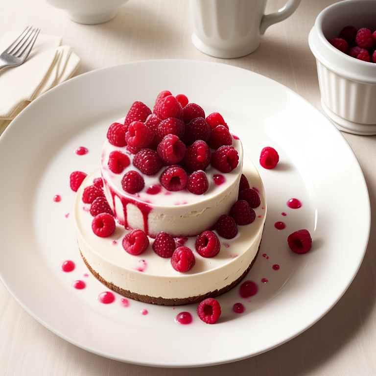 raspberries, food, dessert, ice cream, cheesecake, red fruit, dessert plate, mint garnish, vase with flowers, modern cuisine, gourmet, marble table, gastronomy, artistic presentation, dessert decoration, fresh fruit, red, nature, leaves, dessert sauce — Полароид