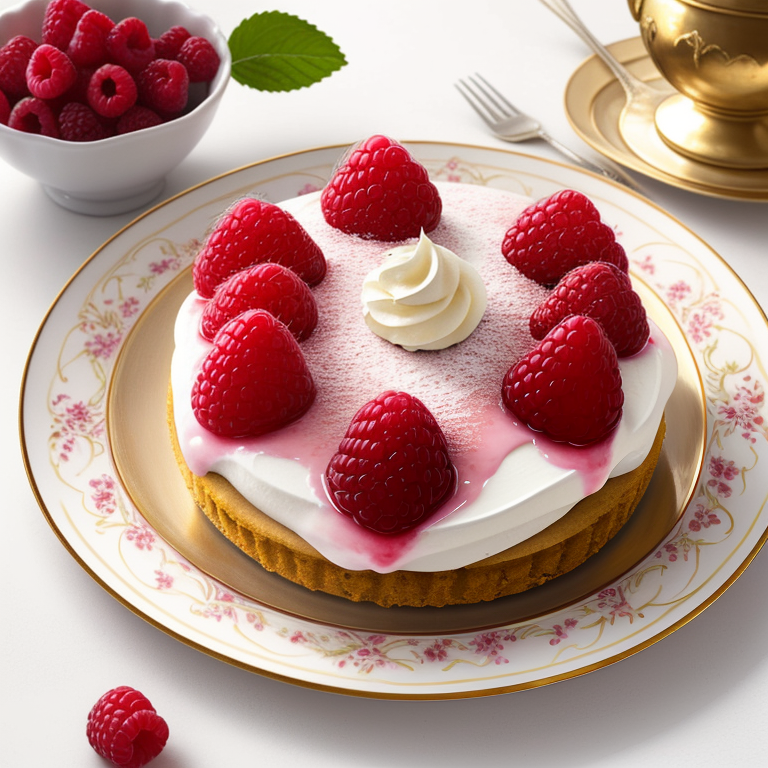dessert, raspberry, dessert on plate, fresh fruit, luxury dessert, culinary decoration, gastronomy, leaf decoration, cake, red color, sweet, patisserie, creative dessert, fruity flavor, white plate, pastry, edible gold leaf — Багет