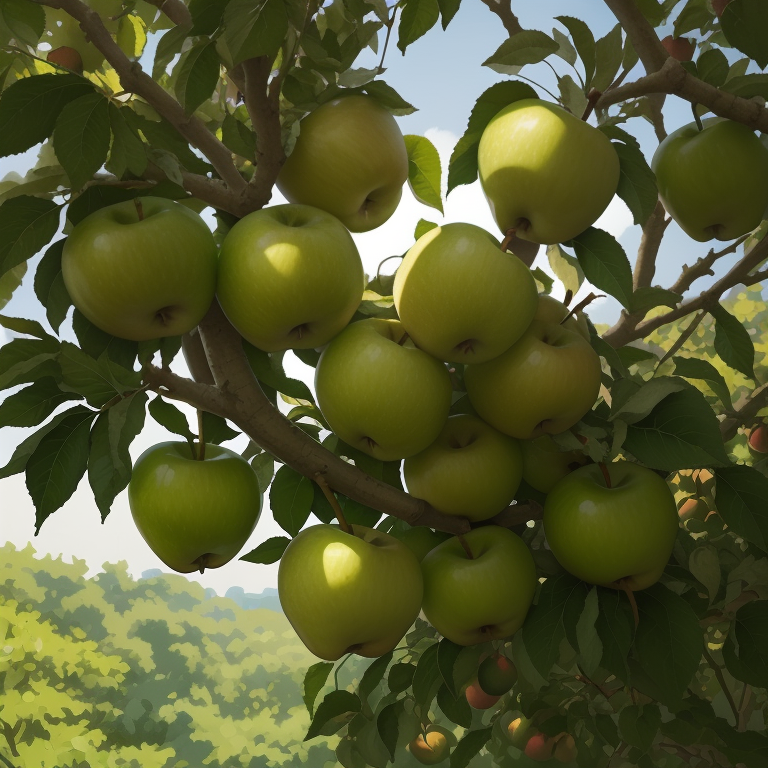green apples, apple tree, leaves, garden, fruit, summer, agriculture, nature, eco-friendly, fresh, cultivation, organic, seedling, ripe, greenery, vitamin, nature-friendly, nutrition, health, nutritious — Смешной рисунок