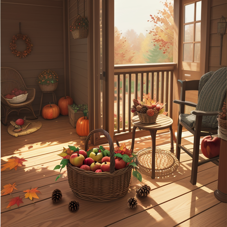 apple, basket, wicker, autumn, pinecone, leaves, porch, cozy, cabin, rustic, countryside, fall theme, farmhouse, seasonal, mums, soft, nature, food, landscape photography, pumpkin — Смешной рисунок
