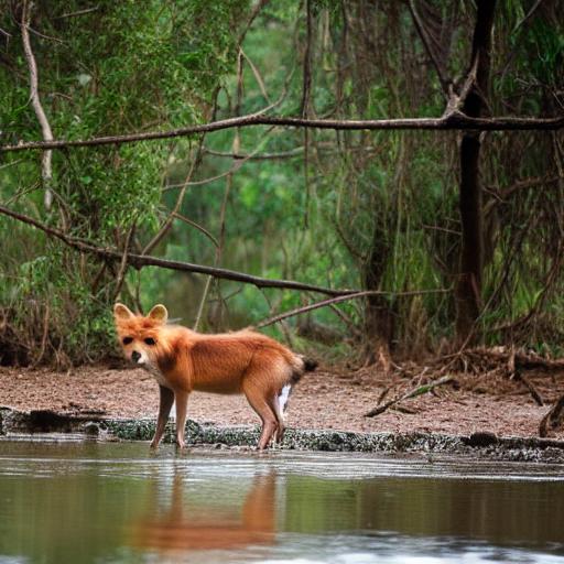 dhole, asiatic wild dog, deer, hunt, jungle, forest, predator, nature, red fur, teamwork, chase, river, alpha, coordination, hunter, collaboration, beta, water obstacle, habitat, climbing — Полароид