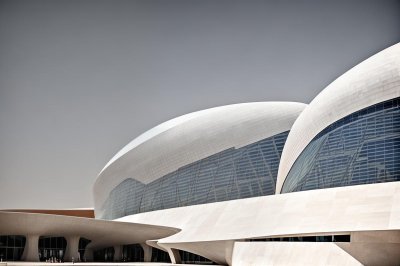 national museum of qatar, architecture, modern, curved, desert rose, doha, futuristic, blue sky, facade, monochromatic, design, qatar, art, islamic architecture, innovative design, avant-garde, museum, stone slabs, islamic art, nature, desert