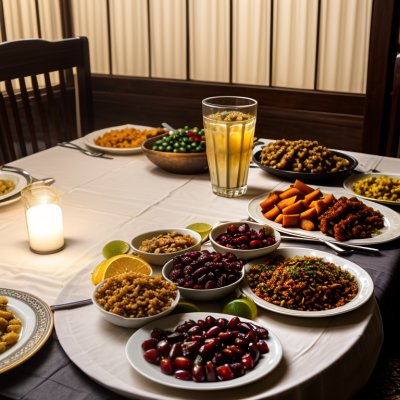 ramadan iftar, iftar food, iftar table, dates fruit, ajwa dates, water and dates, ramadan meal, halal food, arabic food, middle eastern food, biryani, kebab, samosa, pakora, lentil soup, harira soup, mint tea, arabic coffee, ai generated