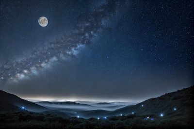 starry night, milky way, blue flowers, moon, landscape, shooting star, astronomy, nature, magical, night sky, cosmos, universe, meadow, twilight, beautiful, fantasy, space, celestial, scenic, dreamy, flora, astrology, starlight, ai generated