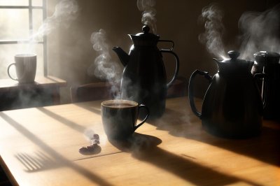 coffee, breakfast, morning, cup, steam, hot, caffeine, table, sunlight, wood, lifestyle, cozy, drink, espresso, latte, aroma, relaxation, shadow, window, mug, interior, beverage, coffee cup, still life, minimalist, atmosphere, ai generated