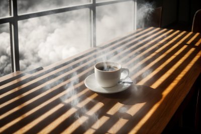 coffee, breakfast, morning, cup, steam, hot, caffeine, table, sunlight, wood, lifestyle, cozy, drink, espresso, latte, aroma, relaxation, shadow, window, mug, interior, coffee cup, beverage, still life, minimalist, atmosphere, ai generated