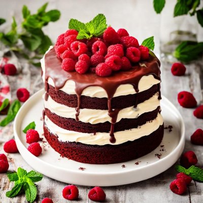 chocolate cake, raspberries, chocolate glaze, mint, birthday cake, baking, sweet, layer cake, decoration, chocolate pieces, fresh fruit, festive, dessert, refreshment, food, sweets, pudding tart, red sauce, delicious, chocolate dessert