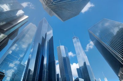 skyscrapers, modern architecture, glassed buildings, blue sky, modern cityscape, urban environment, high-rise buildings, reflections, financial district, business, urban development, corporate buildings, architectural design, office buildings, central business district, architectural patterns, international design, towering structures, contract work, construction industry