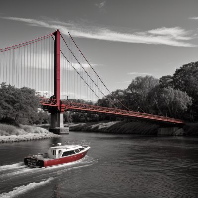 bridge, red, river, boat, harbor, yachts, trees, nature, architecture, pole, blue sky, clouds, spring, horizon, shadow, travel, cityscape, traffic, metal construction, sailing
