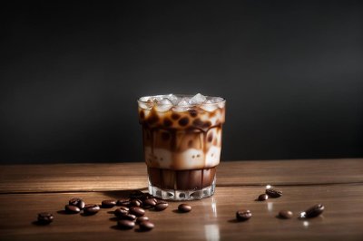 iced coffee, cold drink, coffee bean, ice, glass, beverage, table, cafe vibe, coffee with milk, foam, brown color, burlap, light brown tones, contrast, black background, artistic photography, still life, winter drink
