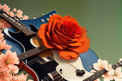 guitar, rose, mandolin, musical instrument, spring blossom, art, natural background, chord, rose flower, close-up, guitar rose, guitar design, music, petals, soundhole, guitar strings, musical motif, guitar ornaments, vintage style, beautiful flower
