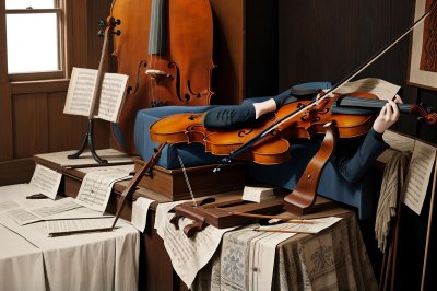 violin, bow, music, classical music, workshop, wood, handmade, old, artisan, antique, vintage, instrument, woodcarving, rustic, luthier, builder, blurry, musicians, atmospheric, stone wall