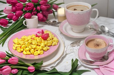 breakfast, scrambled eggs, coffee, tulips, pink plate, mug, spoon, pink, decorative, spread, fresh flowers, cute design, coffee cup, rabbit, napkin, wooden cutlery, breakfast in bed, romantic atmosphere, cosy
