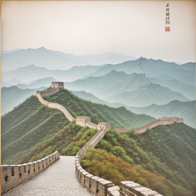 great wall, traditional chinese painting, nature, landscape, mountains, bamboo, blossoms, lotus, sunrise, clouds, pink, chinese architecture, cultural heritage, water element, fantasy, decorative, peaceful, ethereal, lighting, pastel colors