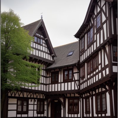 half-timbered house, historic architecture, cityscape, european village, church tower, traditional architecture, city street, romantic place, late afternoon, medieval style, flower boxes, wooden stucco, fresh flowers, window with flowers, red and white house, historic town, floral decoration, town center, pleasant afternoon, memorable place