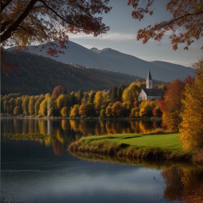 lake, nature, church, autumn, village, idyllic, morning, calm, foliage, reflections, spirit of tranquility, hiking, recreation, clean water, vacation, panoramic view, community, alps