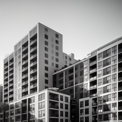 apartment complex, modern architecture, city life, black and white photography, building facade, clouds, balconies, housing, urban architecture, residential area, urban, high-rise building, exterior, modern apartment, windows, nature, city house, housing estate, structural design, North Rhine-Westphalia, Germany, Cologne