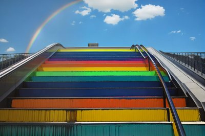 rainbow colors, escalator, urban, modern, architecture, sky, public space, design, colorful, movement, outdoor, transportation, tourism, infrastructure, durability, safety, futurism, travel, technology, artistic