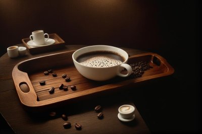 coffee mug, wooden tray, foam art, coffee beans, small bowl, lit candle, candle flame, vintage newspaper, red fabric, pinecone, moody lighting, warm aesthetic, top view, cozy morning, rustic table, caffeine, relaxation, background textures, dark food photography, green branch