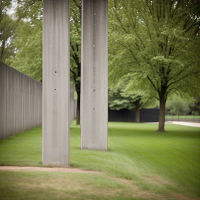tree, wall, fence, grass, park, summer, concrete wall, public space, cultivation, outdoors, urban, sidewalk, season, green, tree painting, decorative posts, diversity, nature, ecology, symmetry, simplicity