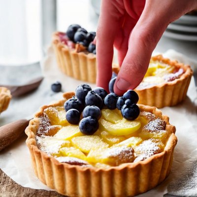 danish pastry, fruit tart, custard filling, fresh blueberries, hand picking, food styling, powdered sugar, golden, puff pastry, flaky crust, dessert preparation, baking, delicious, breakfast pastry, confectionery, fingers, sweet treat, basket of blueberries, baking session, rolling pin, pastry board
