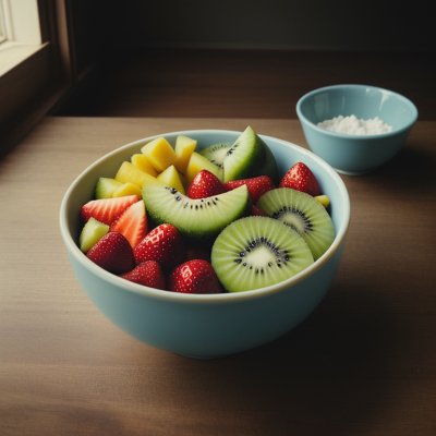 fruit bowl, healthy snack, mango, strawberries, kiwi, blueberries, fresh fruit, mint leaves, rustic ceramic bowl, summer food, wooden table, serving spoons, salt, dark lighting, vibrant colors, vitamins, clean eating, vegetarian, dessert salad, fresh produce — Полароид