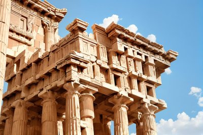 athens, acropolis, greek, temple, architecture, history, city, monument, travel, building, parthenon, column, ancient, archaeology, paving stone, ruins, blue sky, doric, nature, tourism, remnant
