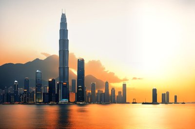 hongkong, cityscape, panorama, skyscraper, sunset, building, pier, tower, evening, city, sea, boat, urban, horizon, island, glow, water, nature, west