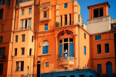 building, window, vibrant colors, architecture, person, woman, roof, sand, view from below, person waving, woman in doorway, outdoors, balcony, stone, cloudy sky, texture, rural scene, picturesque, light impact, red