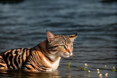 cat, animal, domestic cat, calico, nature, sunlight, water, grass, outdoors, peaceful, sunset, animal portrait, furry, majestic, cat gaze, pet, quiet, simplicity, abstract, details, sunset by the water, wild nature