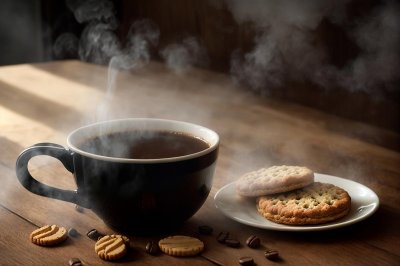 coffee, mug, breakfast, biscuits, steam, pastry, wooden table, comfort, morning, relaxation, coziness, shading, day, rustic, coffee cup, calm, break, cozy, tea, afternoon tea, lighting, afternoon