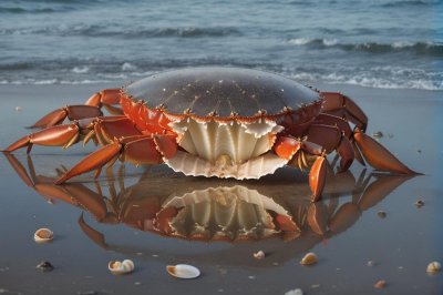 crab, beach, sea, natural, animal, shell, reflection, italian, claw, water, sand, surface, hard, coast, blue, biology, exoskeleton, nature, ecosystem, pond