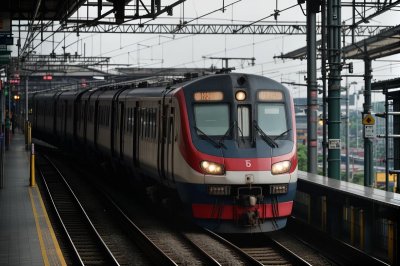 train, station, train platform, railway, jakarta commuter line, public transportation, indonesia, locomotive, metro, vehicle, asphalt, bridge, city metro, tropical climate, urban landscape, travel in asia, transportation network, quiet, metro signal, modern transportation