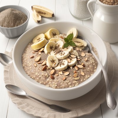 oatmeal, banana, breakfast, teaspoon, almond milk, chia seeds, honey, dairy product, healthy, oatmeal with banana, fresh fruit, bowl, instant oatmeal, summer health, homemade preparation, minimalist food, fiber source, sugar-free, fruit topping, grain breakfast, flavor balance, ai generated