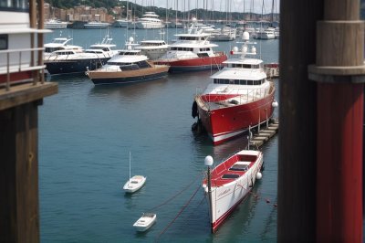 motorboat, red, harbor, sea, yacht, water, sailboat, bridge, cityscape, boat harbor, architecture, boom, mooring, sunny, outdoor, urban area, navigation, summer day, small vessel, relaxation, pier