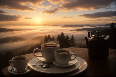 cup, coffee, sunrise, mist, hot drink, nature, relaxation, peaceful, dawn, breakfast, finch, café, coffee cup, cozy, calm, morning, beauty, western style, fine art, aesthetics