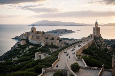 calvi, citadel, morning, vacation, corsica, summer, island, france, mediterranean, landscape, pine forest, beach, bay, sky, atmosphere, fortification, sight, city view, wall, dawn