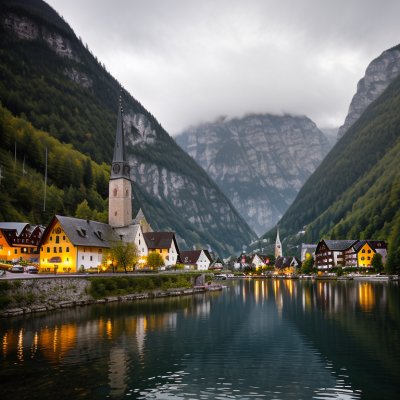 hallstatt, village, lake, church spire, nature, reflection, spring, scenery, alps, tranquil, houses, tourist destination, water reflection, cloudy sky, austrian alps, phone wallpaper, 4k wallpaper, natural beauty, recreation, hd wallpaper, mountain landscape