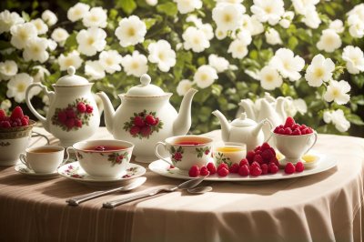 breakfast, food, tea, fruits, flower background, raspberries, basket, rose, coffee, juice, tea cup, decorative, nature, flower wallpaper, coffee cup, table, tea set, beautiful flowers, red and white, cup, rose flower, bright, outdoor, pastry, shady, flowers, rural